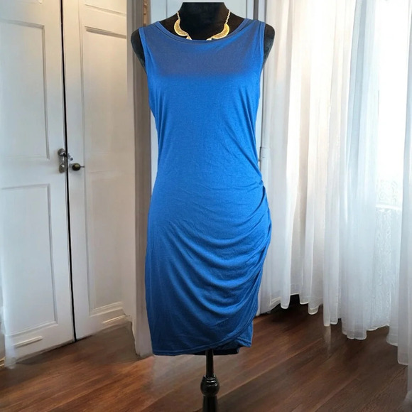 Sleeveless Ruched Bodycon Dress Blue Casual Party Cocktail Club Midi - Picture 1 of 6